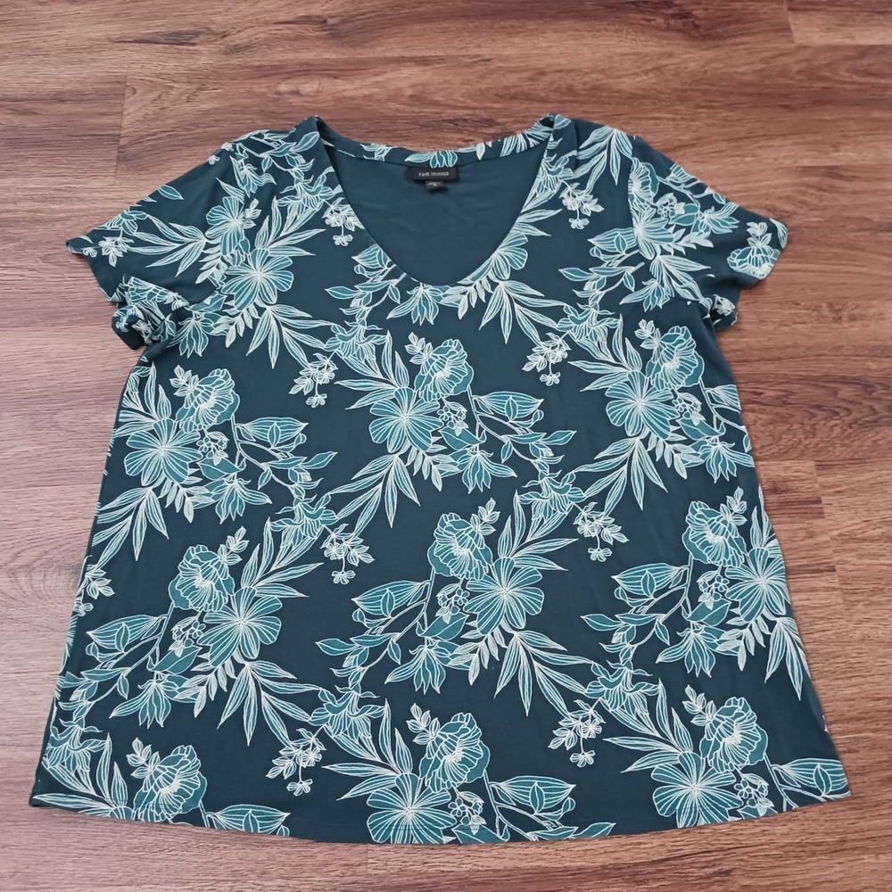 J. Jill Wearever Teal Green Floral V-Neck‎ Short Sleeve Top M KTP288811